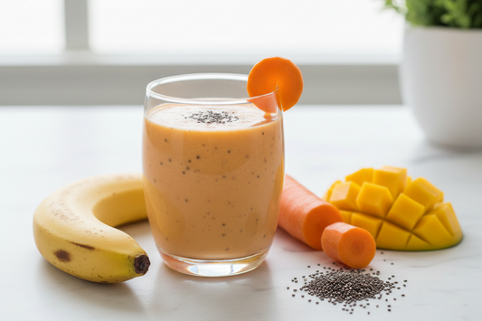 A glass of orange collagen carrot smoothie, surrounded by fresh carrots, mango, banana, and chia seeds