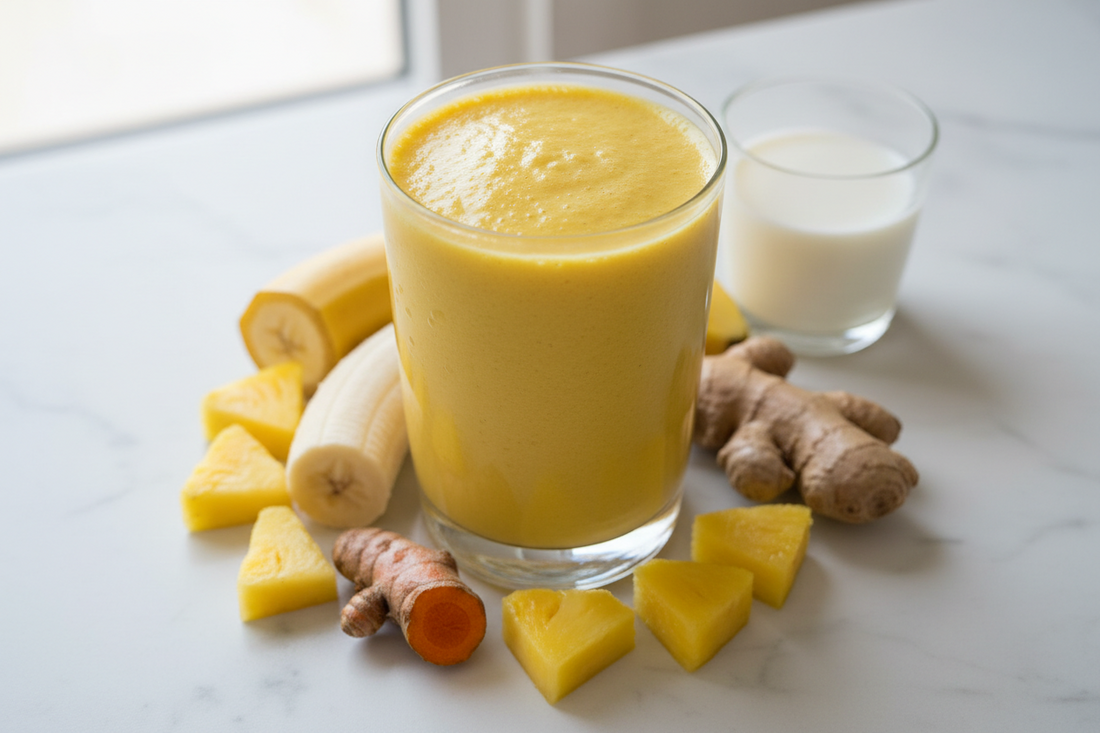 Turmeric ginger pineapple collagen smoothie in a glass with fresh turmeric root and ginger on the side