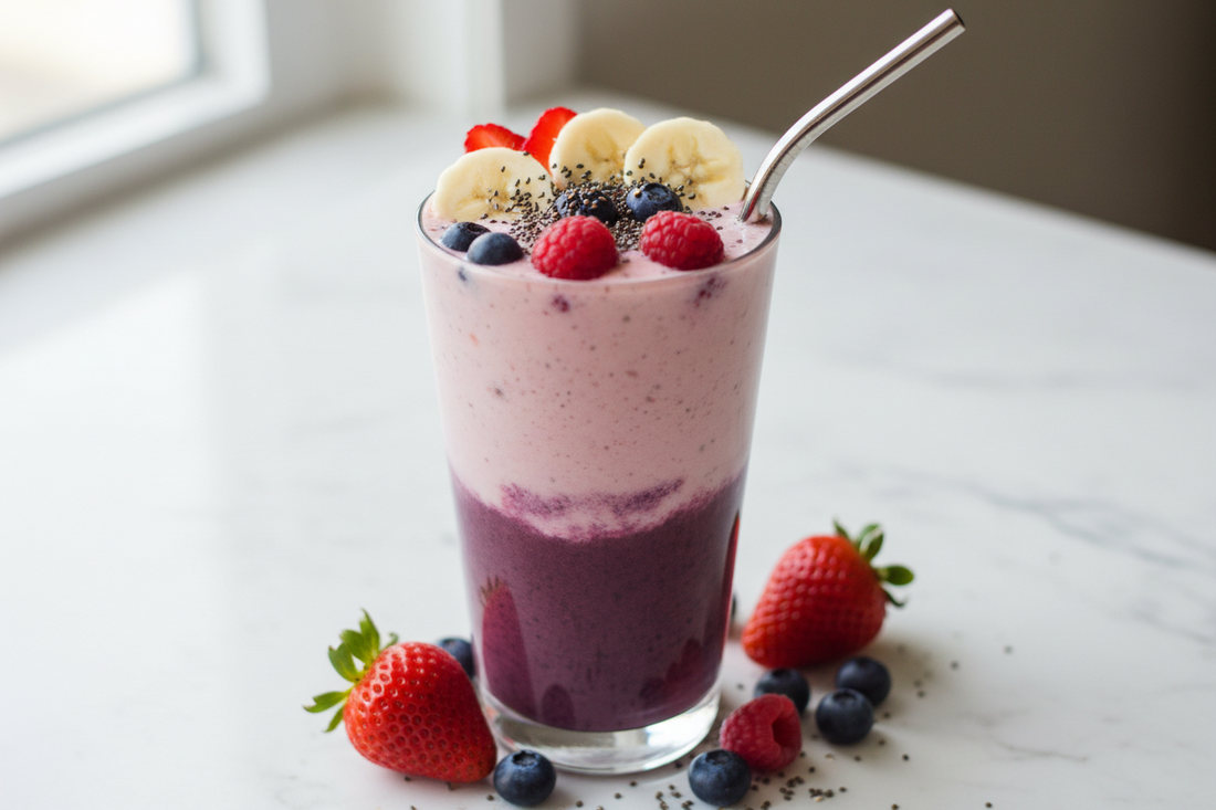 Glass of blended berry collagen smoothie topped with fresh berries and chia seeds