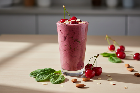 Cherry almond collagen smoothie in a glass with fresh cherries and spinach