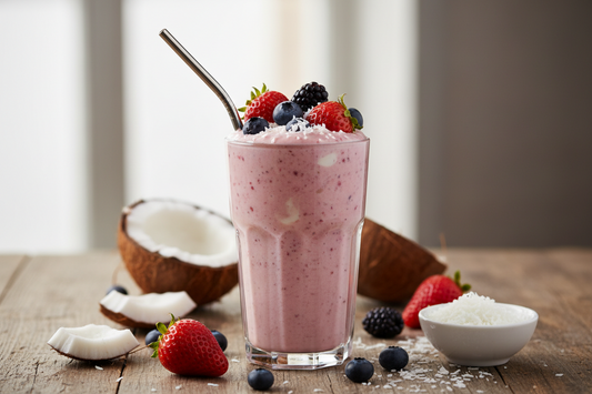 Berry collagen smoothie made with coconut milk in a glass with frozen berries