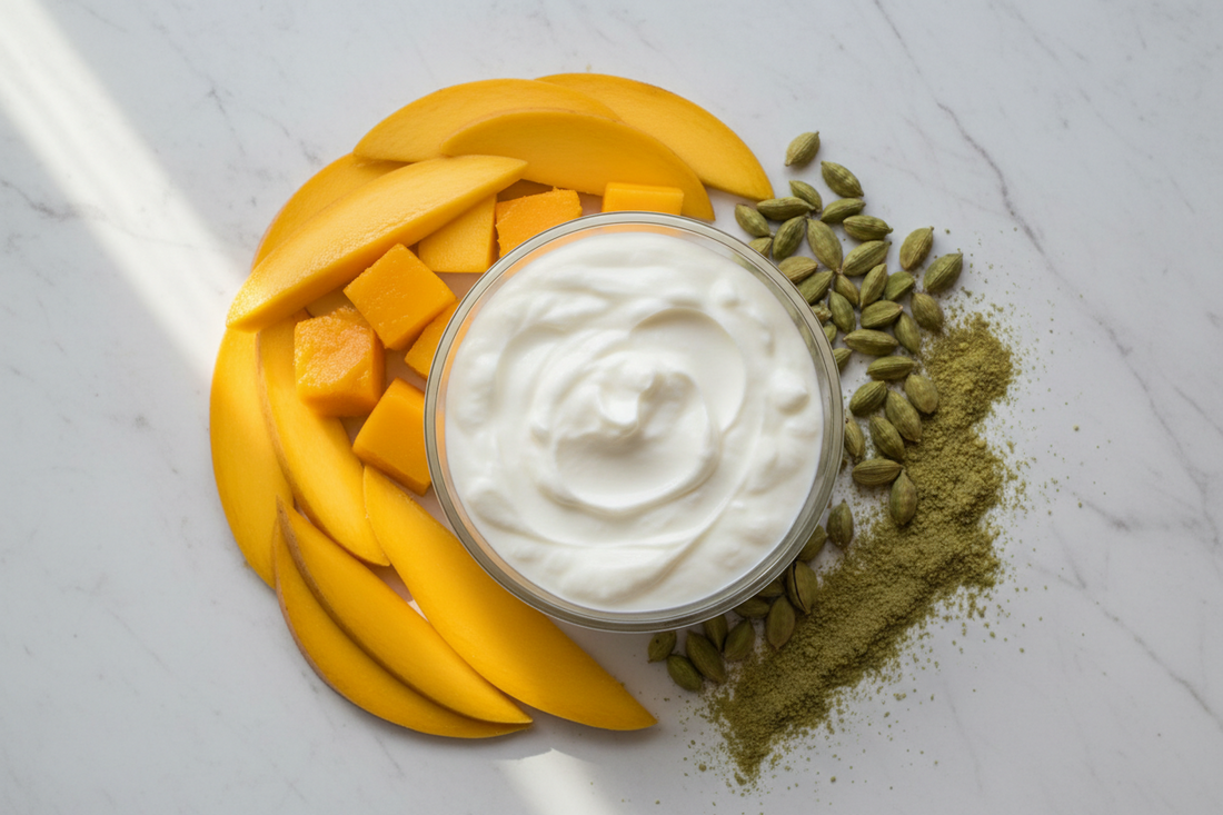 Mango lassi-style smoothie made with frozen mango and yogurt