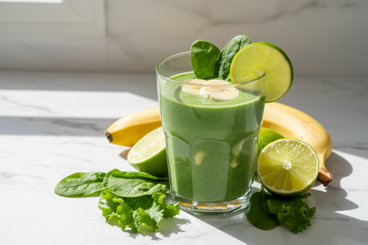 Banana apple spinach collagen smoothie in glass