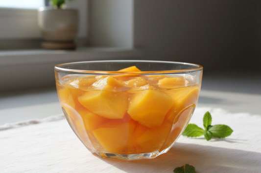 Collagen peach jelly dessert served in a glass bowl with sliced peaches