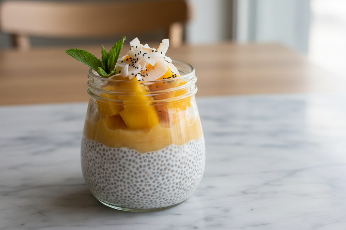 Mango coconut chia pudding topped with fresh mango
