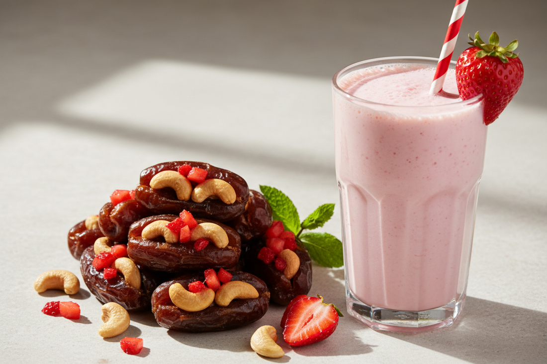 Strawberry milkshake made with collagen peptides, cashews, and dates